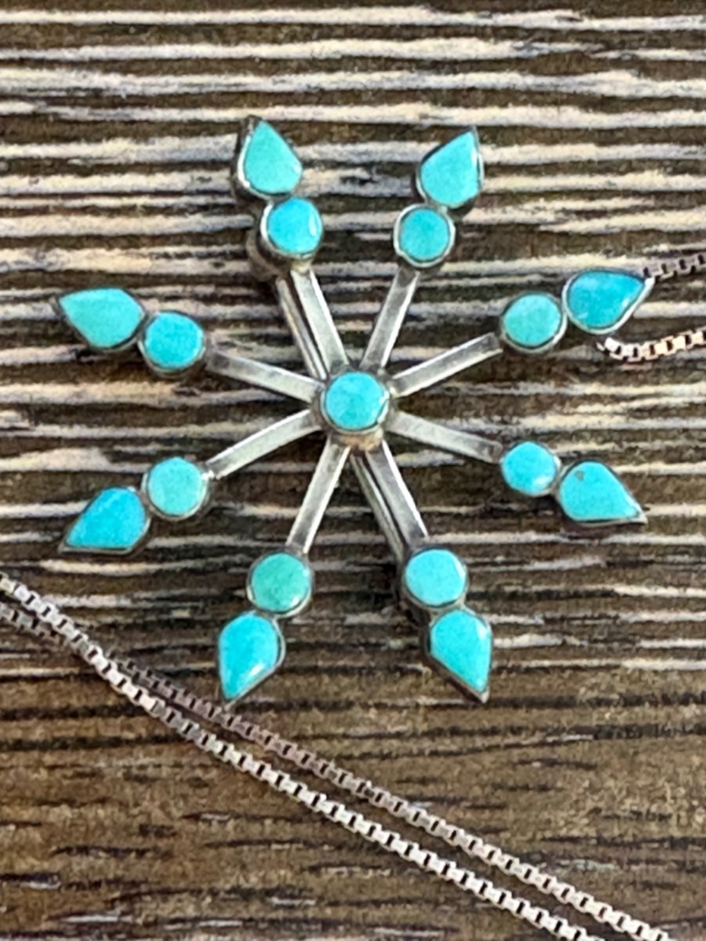 Zuni Vera Halusewa Sterling Silver Turquoise Snowflake Pin Pendant Necklace - Picture 7 of 17